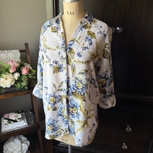Joie Linen Button Front Shirt‎ Floral Print Roll Tab Sleeve White Blue Size L